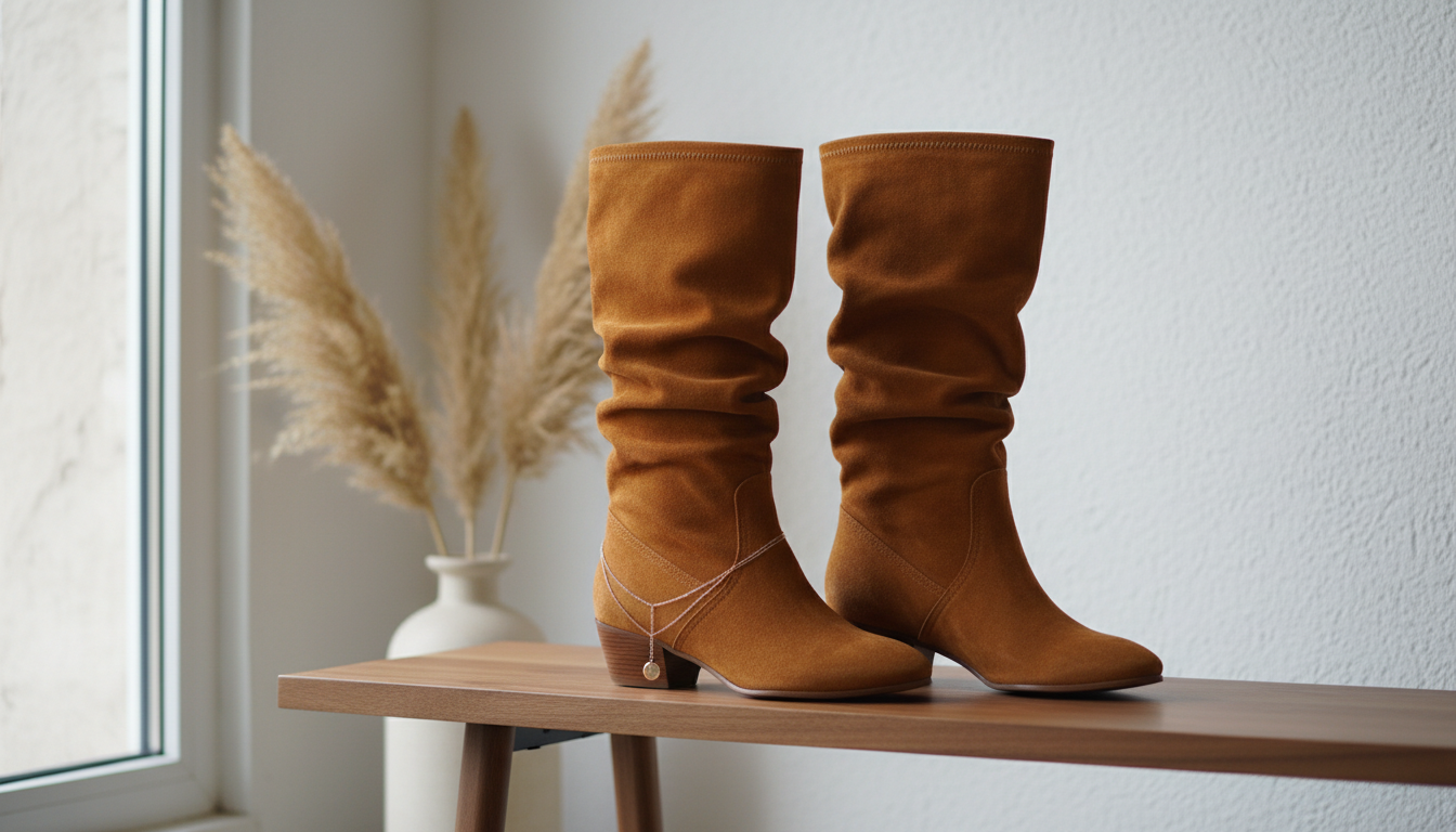 Детализированный снимок замшевых сапог с широким голенищем.