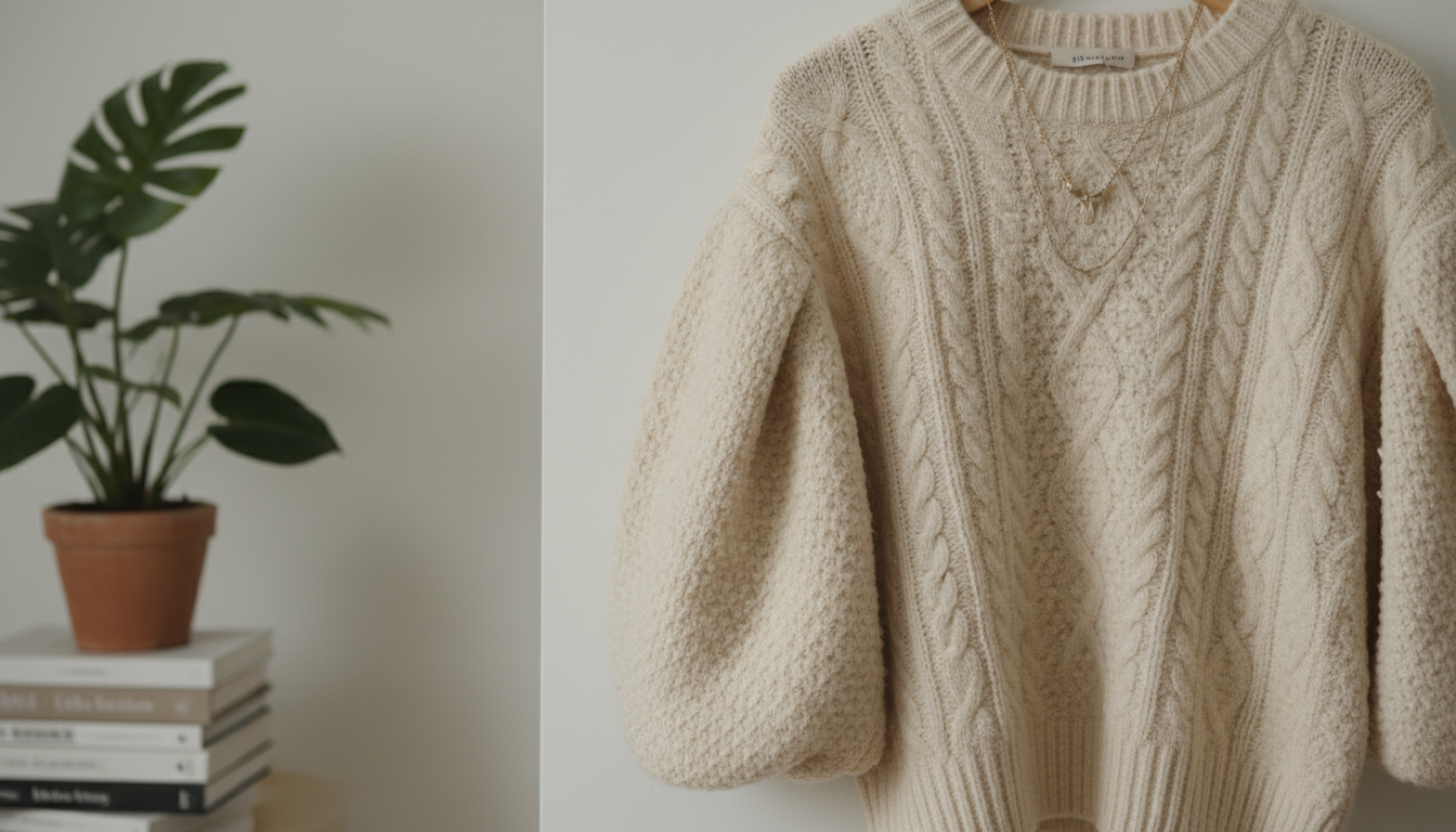 Крупный план свитера с необычной вязкой и объемными рукавами.