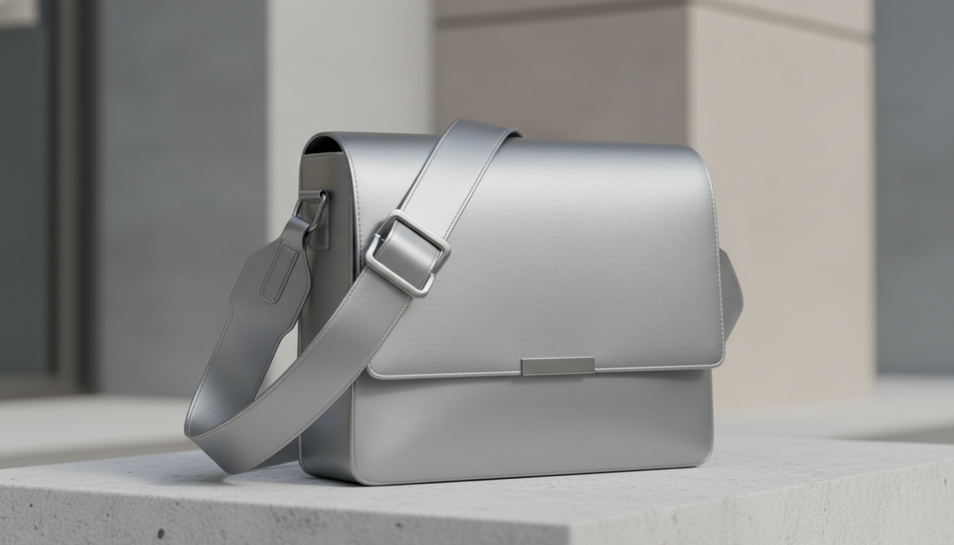 Крупный план сумки-мессенджера из матового серебристого материала