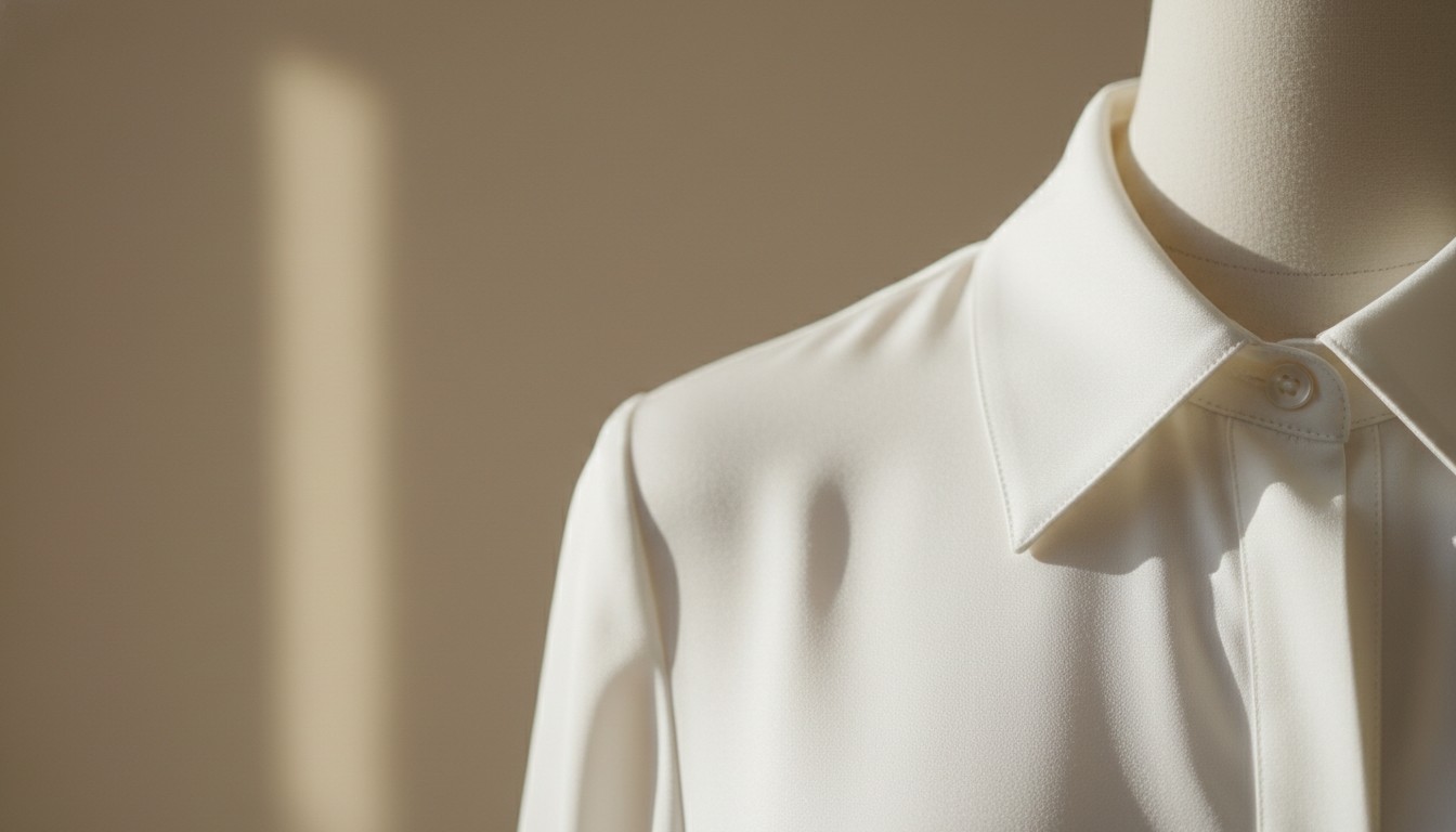 Крупный план воротника идеально сшитой белой шелковой блузки