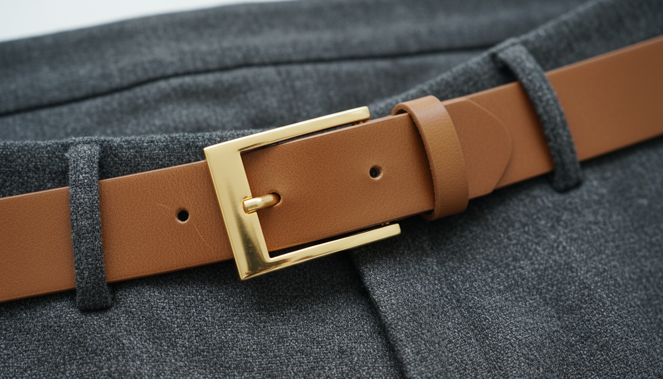 Кожаный ремень с минималистичной золотой пряжкой на фоне серых шерстяных брюк
