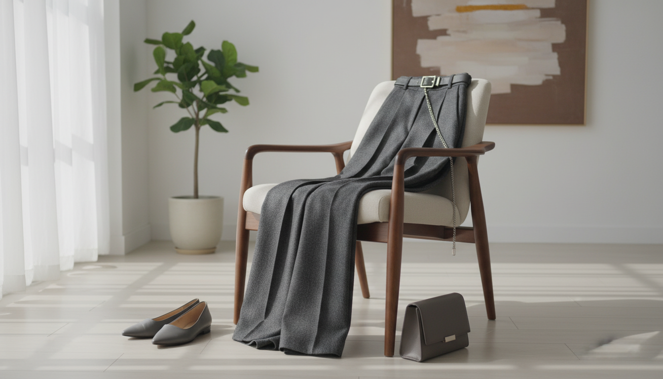 Брюки-палаццо из темно-серой шерсти, лежащие на кресле