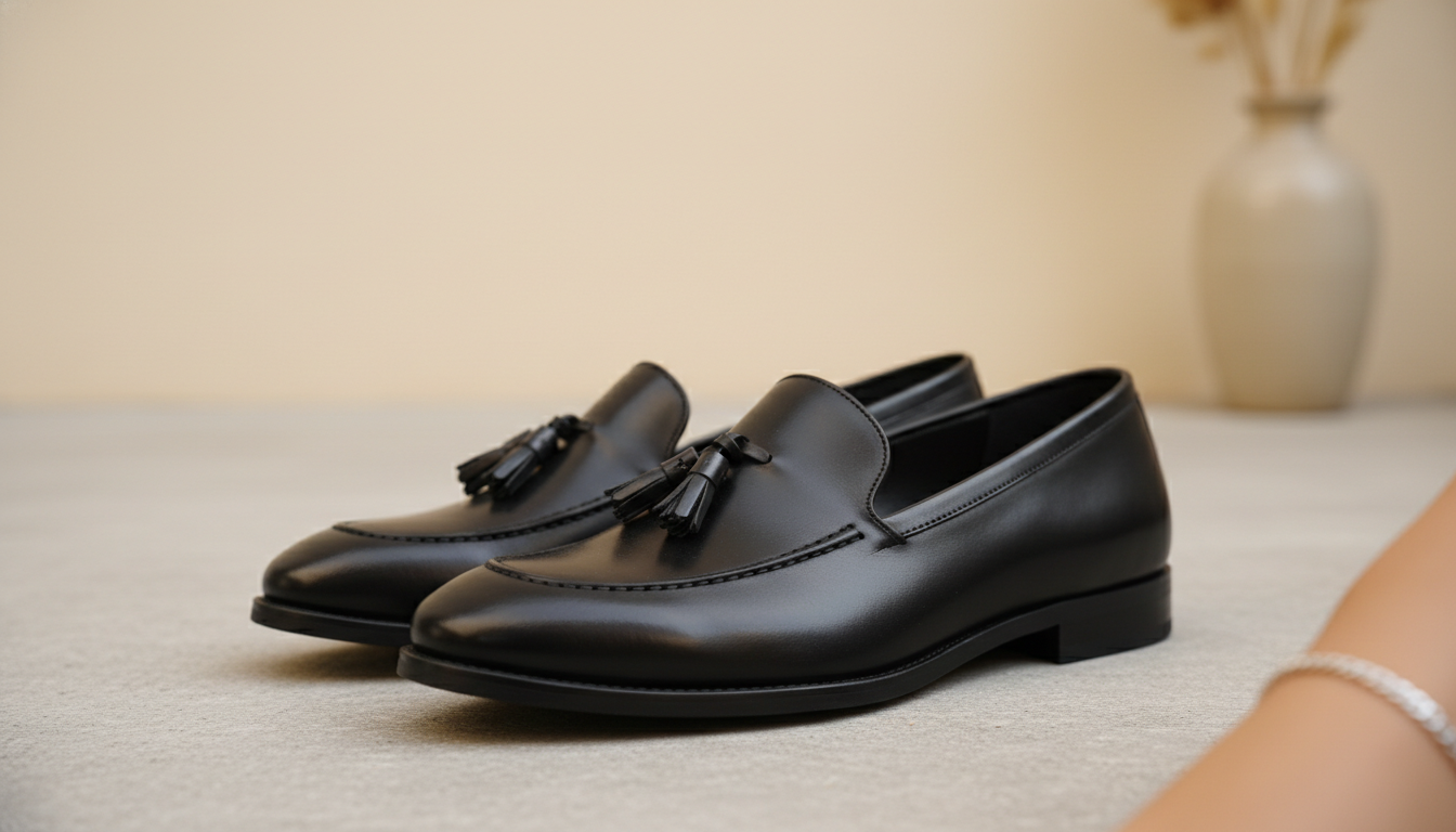 Крупный план классических черных кожаных лоферов