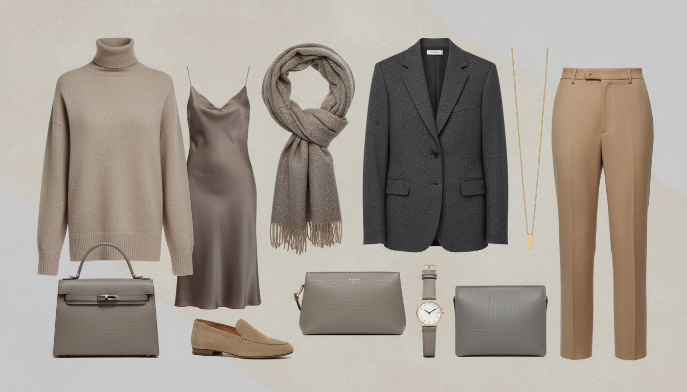 Стильный коллаж из 10 предметов «тихой роскоши» в бежево-серой гамме