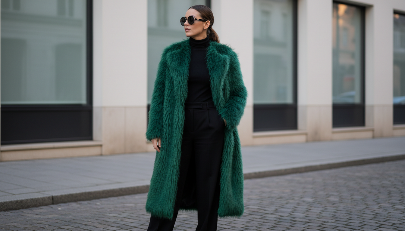 Эко-шуба яркого изумрудного цвета с длинным ворсом
