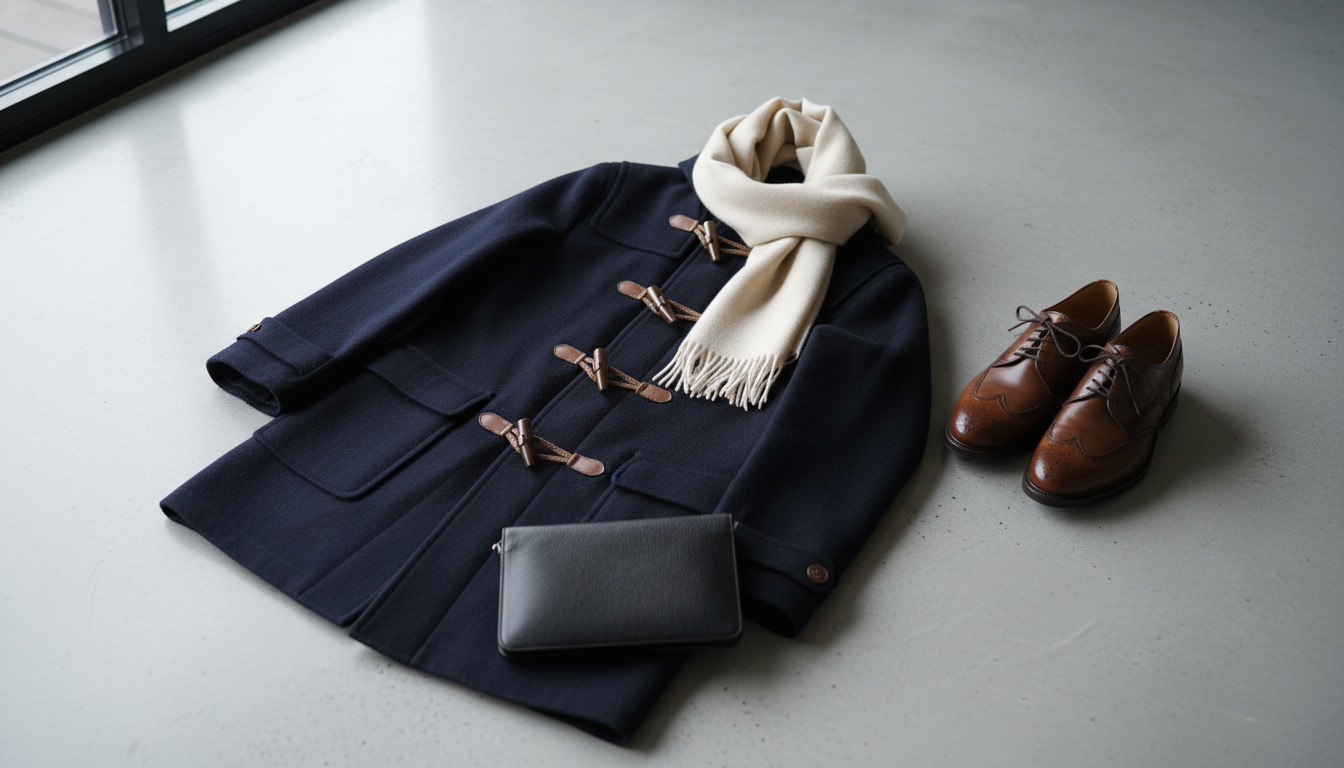 Дафлкот темно-синего цвета с кожаными застежками