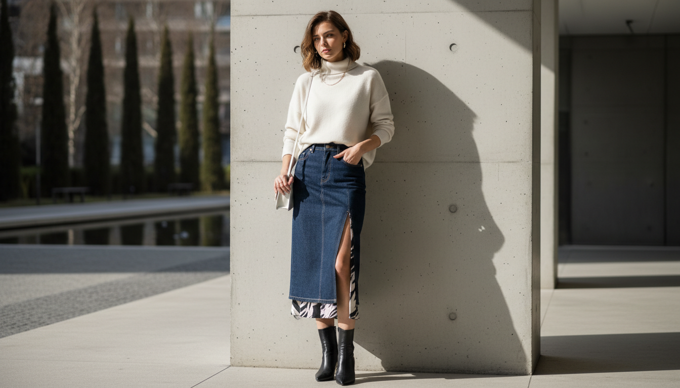 Девушка в джинсовой юбке-карандаш с глубоким разрезом