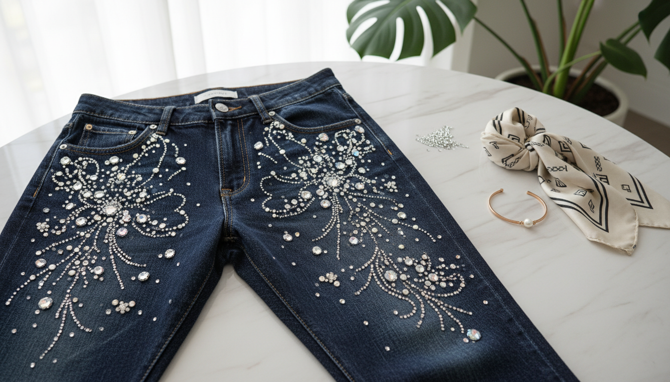Крупный план джинсов, расшитых стразами