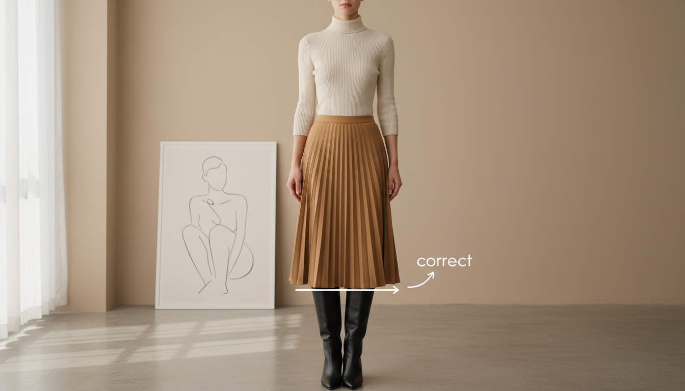 Схема, показывающая правильное соотношение длины миди-юбки и верха сапога.