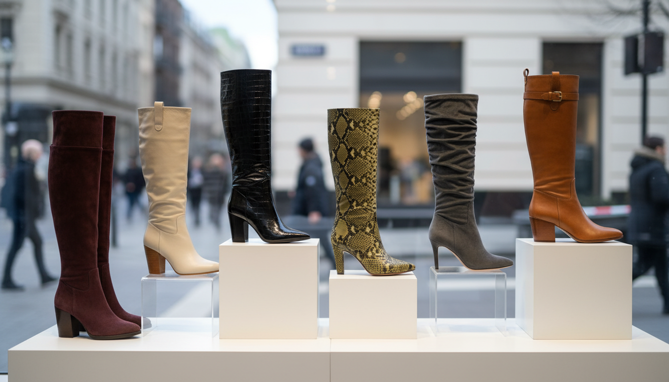 Подборка модных высоких сапог разных цветов и фактур на витрине.