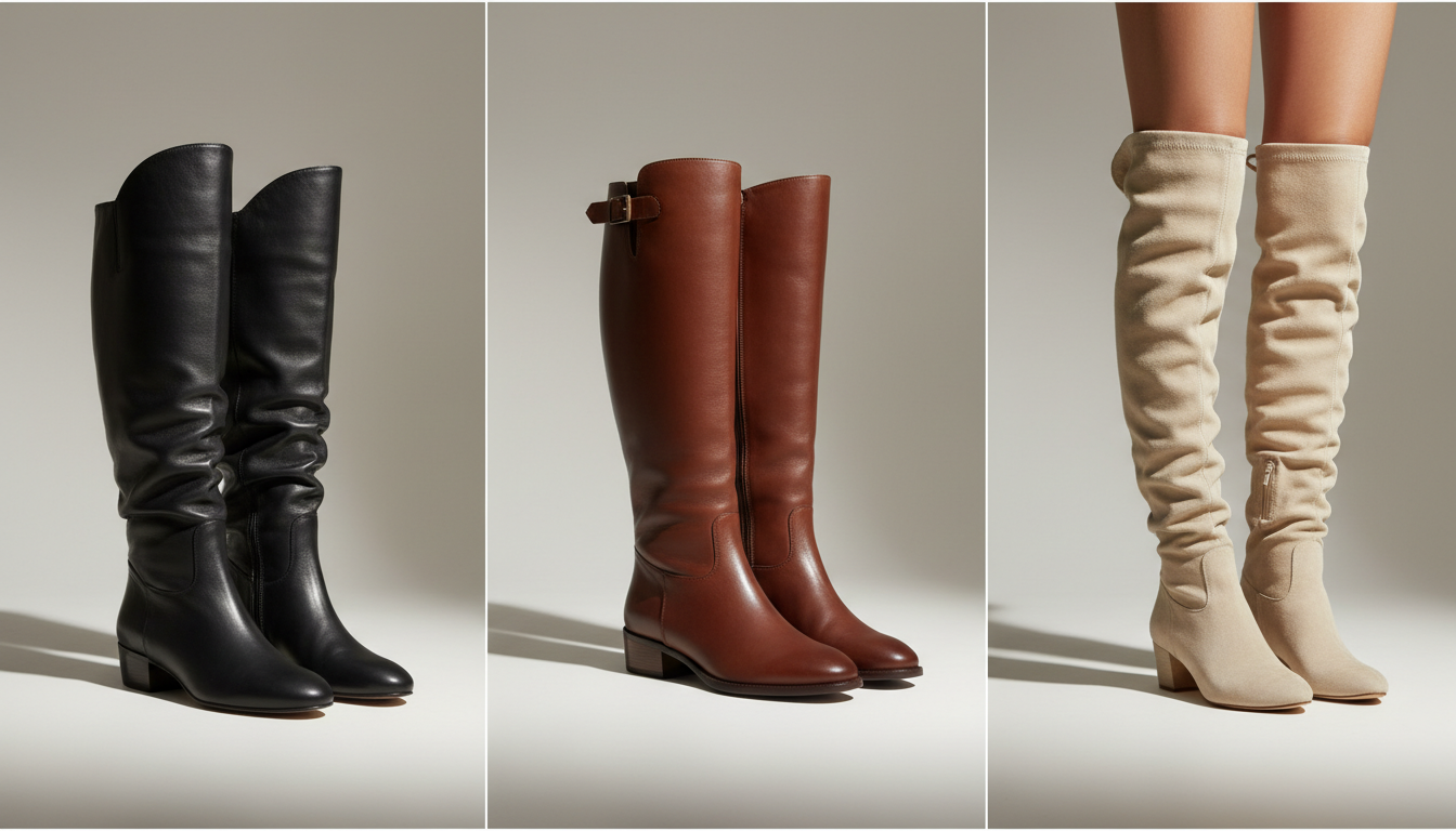 Коллаж из трех пар модных высоких сапог: сапоги-трубы, жокейские сапоги и свободные ботфорты