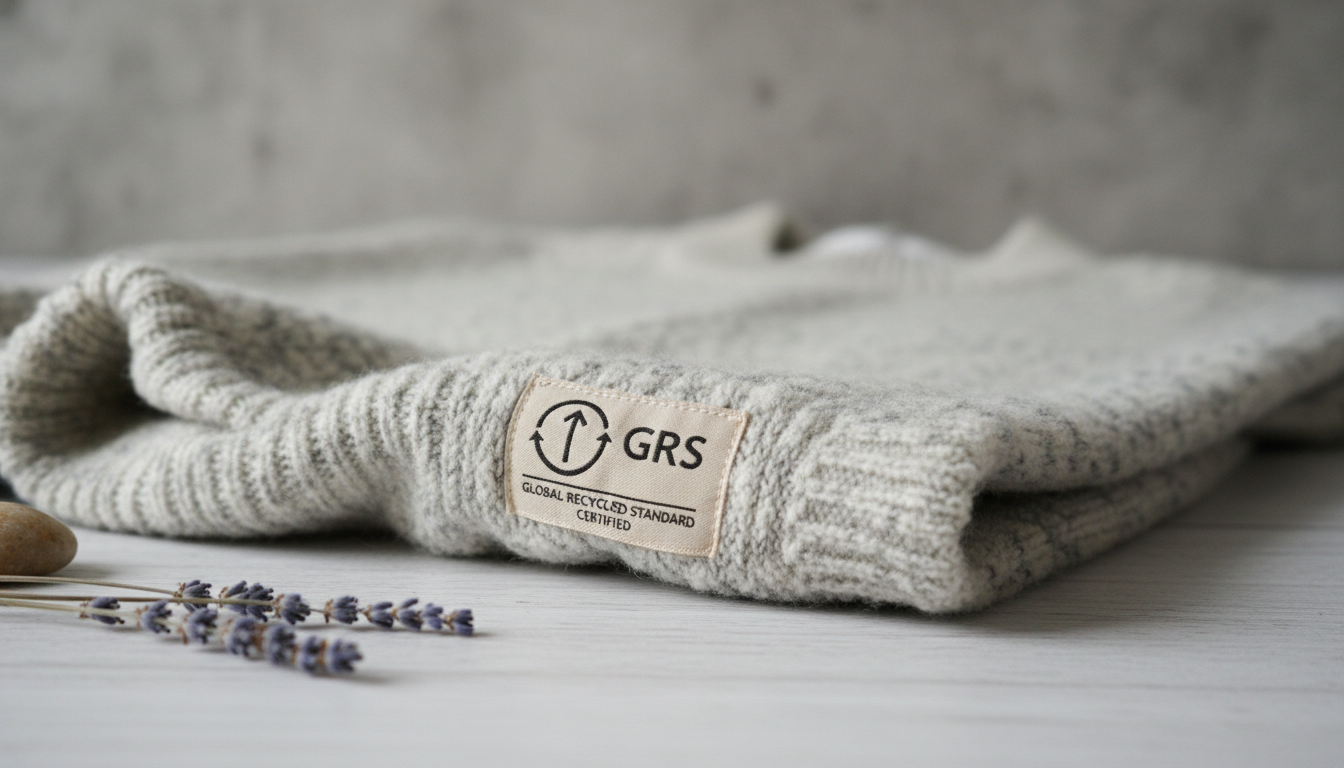 Крупный план свитера из переработанного кашемира, демонстрирующий мягкую текстуру и этикетку с сертификацией GRS