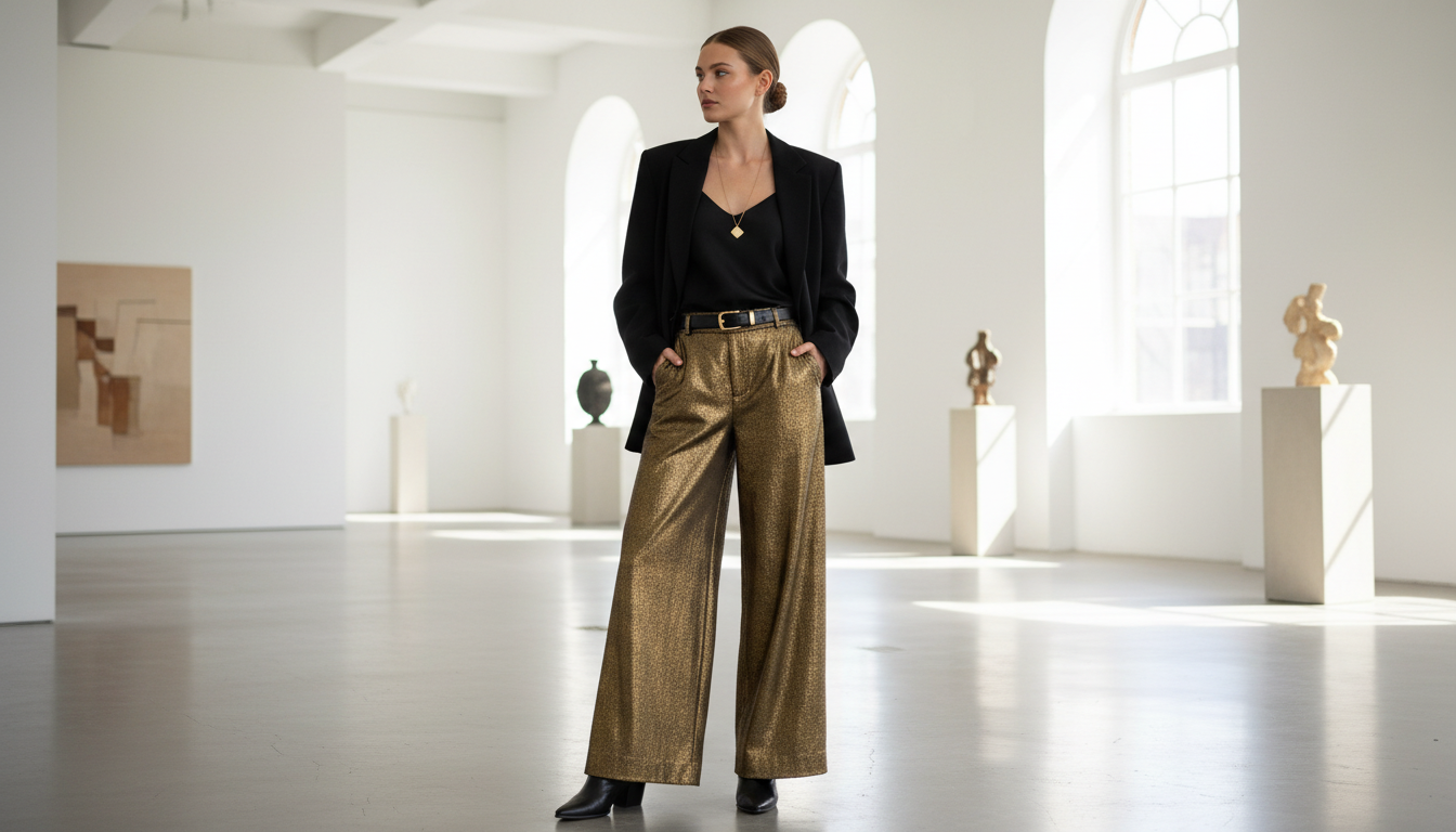 Брюки-палаццо из золотистой ткани в сочетании с черным шерстяным жакетом.