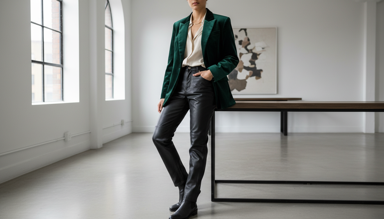 Бархатный блейзер современного кроя в сочетании с кожаными брюками