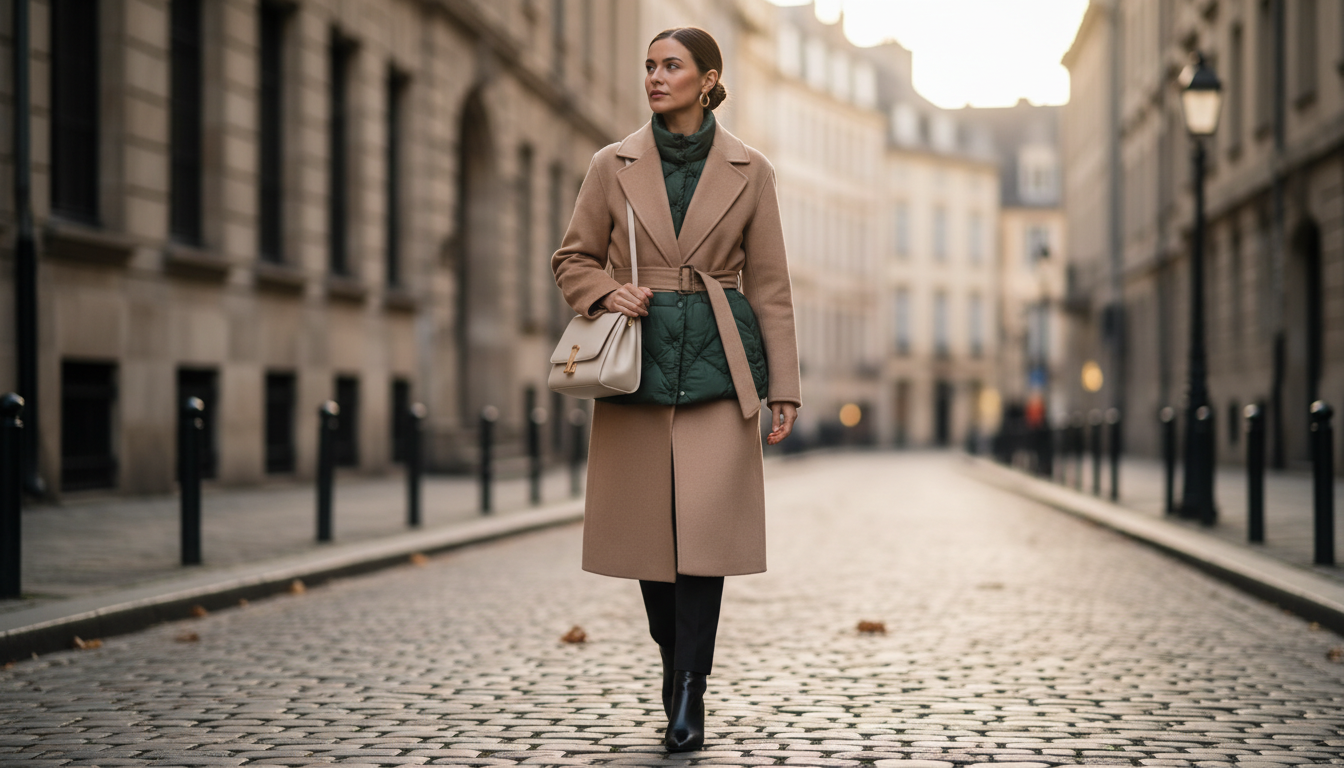 Женщина в бежевом пальто и контрастном стеганом жилете, затянутом поясом.