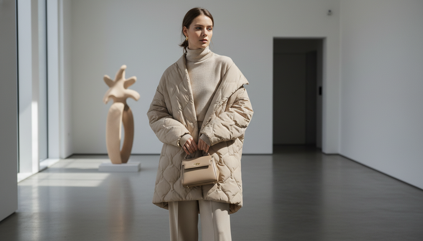 Стилизованный образ: пуховик-одеяло бежевого цвета, накинутый на плечи