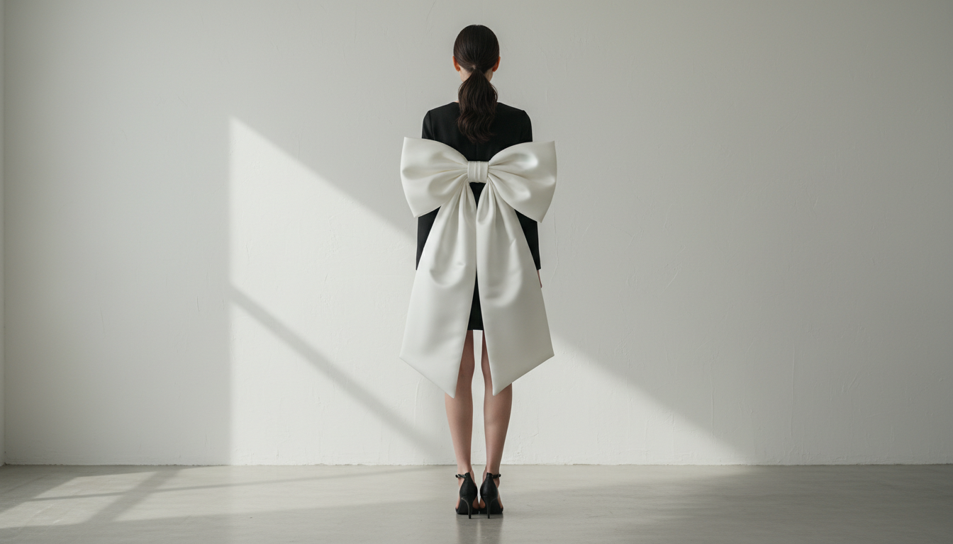 Модель в черном мини-платье с огромным белым атласным бантом на спине.