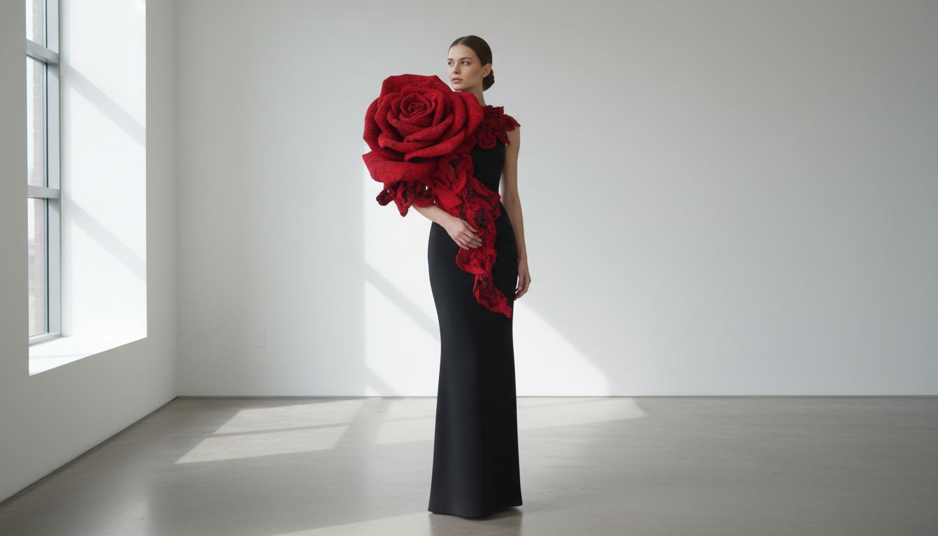 Черное платье с огромным красным 3D-цветком на плече.