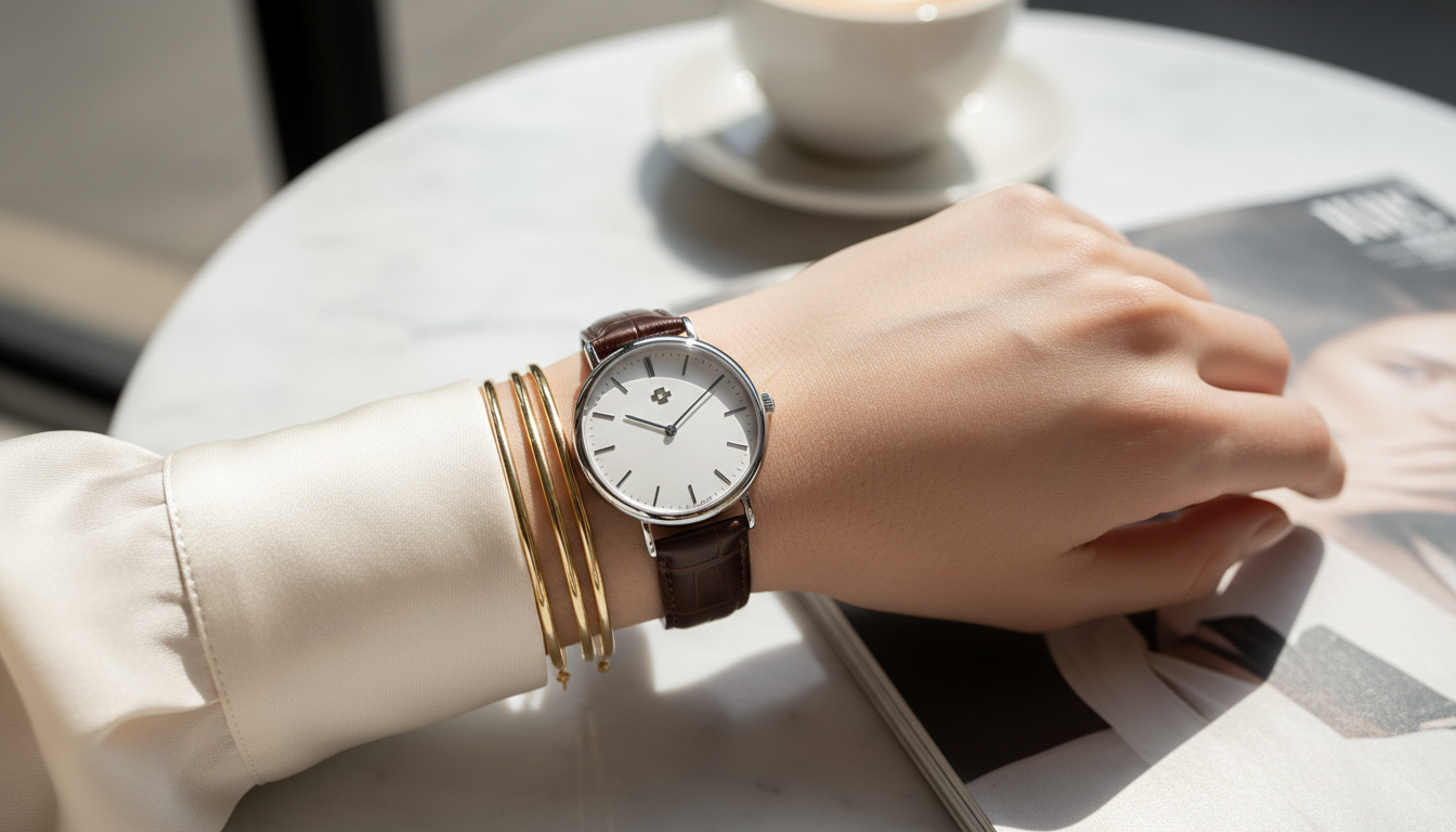 Крупный план классических швейцарских часов на запястье.