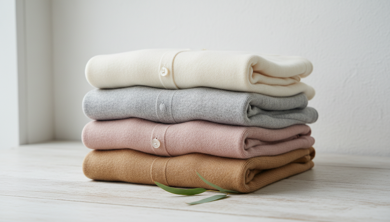 Изображение стопки идеально сложенных свитеров из кашемира.