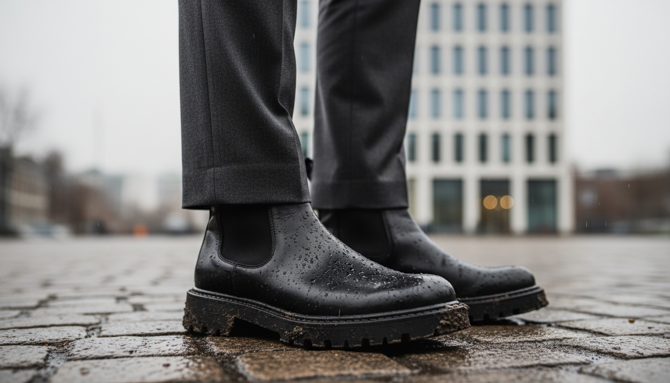 Крупный план массивных кожаных челси на грязной улице