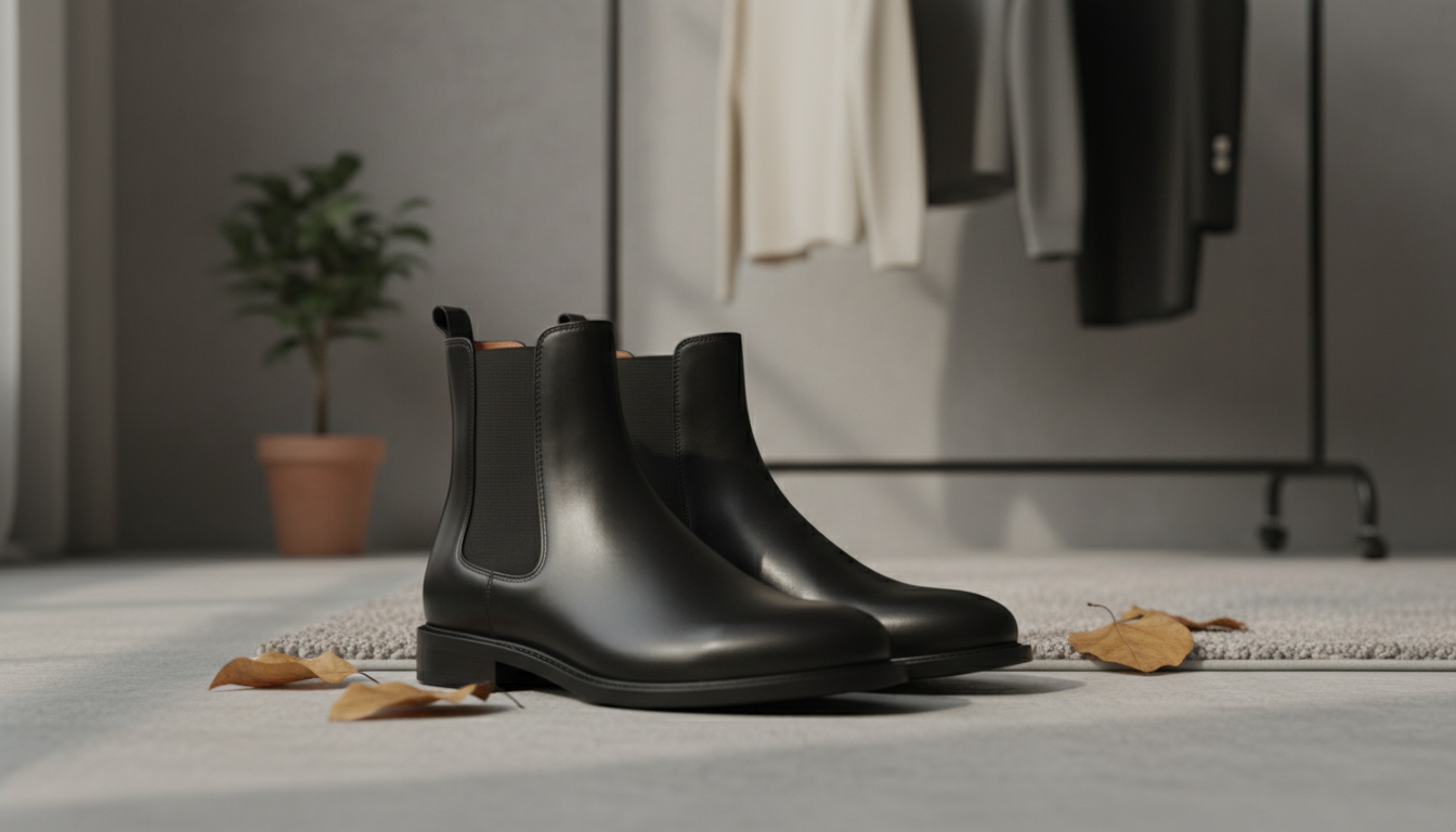 Крупный план классических черных кожаных ботинок Челси.