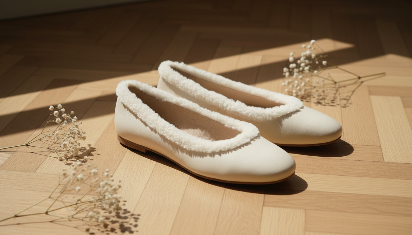 Балетки с белым искусственным мехом, лежащие на паркете