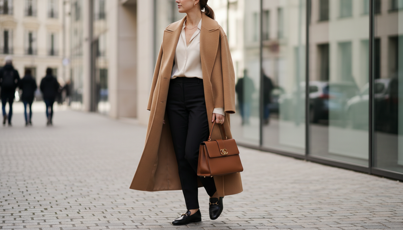 Стильный женский образ в пальто, лоферах и с сумкой-иконой.