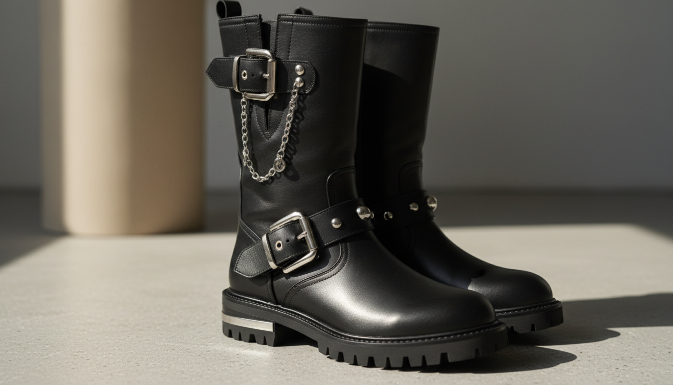 Крупный план стильных байкерских ботинок с металлическими деталями и тракторной подошвой.