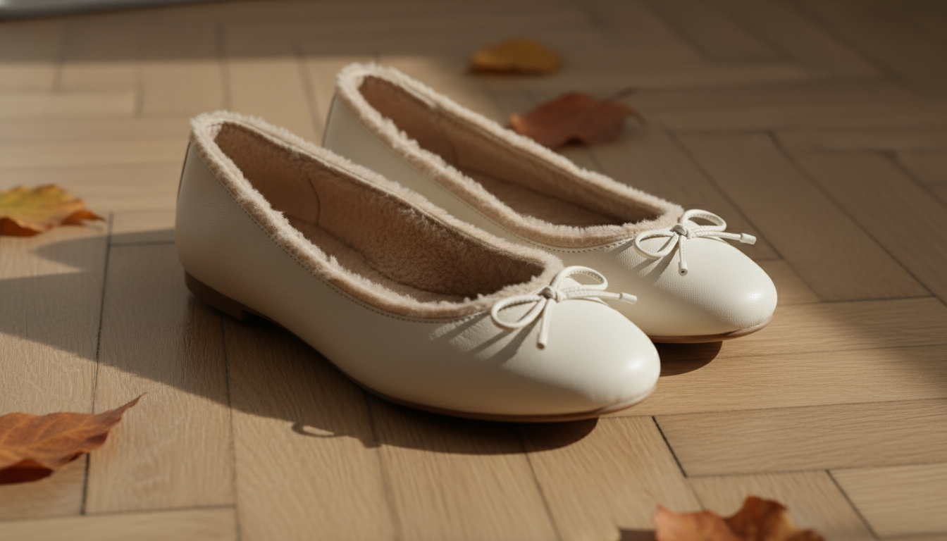 Балетки с внутренней отделкой из искусственного меха, стоящие на паркете.