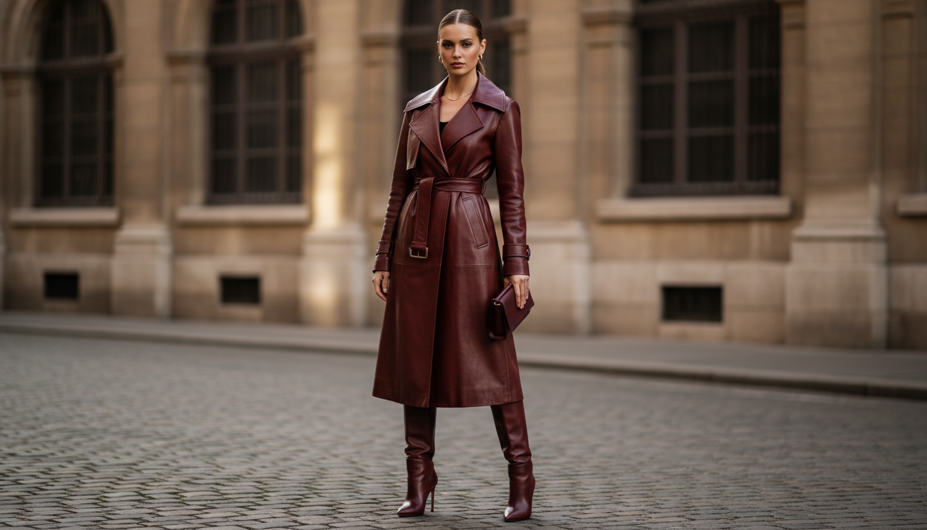 Модель в бордовом кожаном плаще и сапогах на высоком каблуке