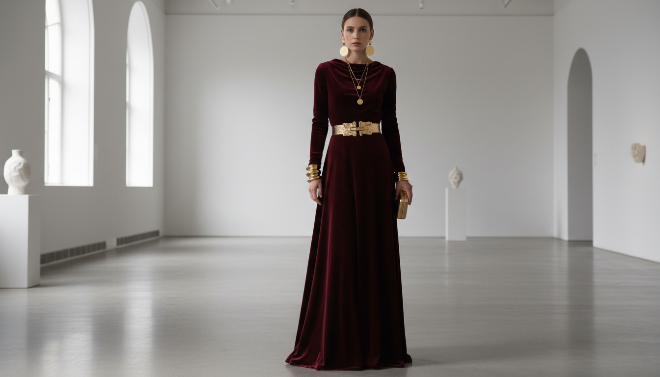 Бордовое бархатное платье с золотыми аксессуарами
