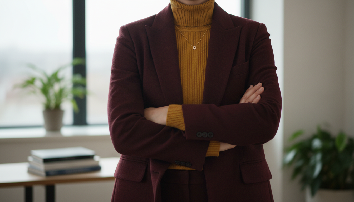 Сочетание бордового пиджака с горчичным свитером