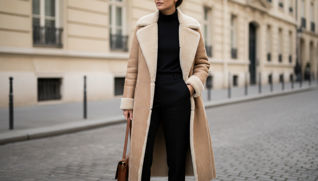 Длинная бежевая дубленка с контрастной овчиной