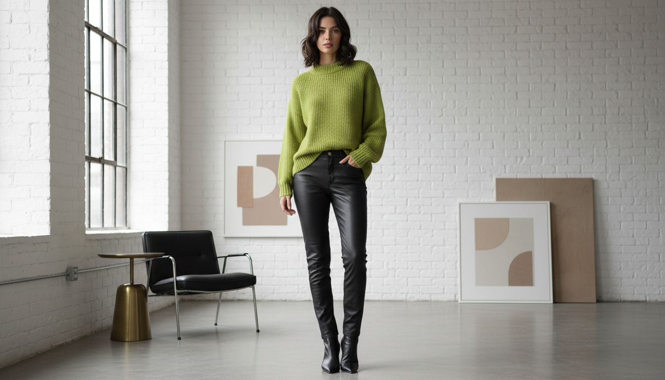 Модель в лаймовом свитере и черных кожаных брюках