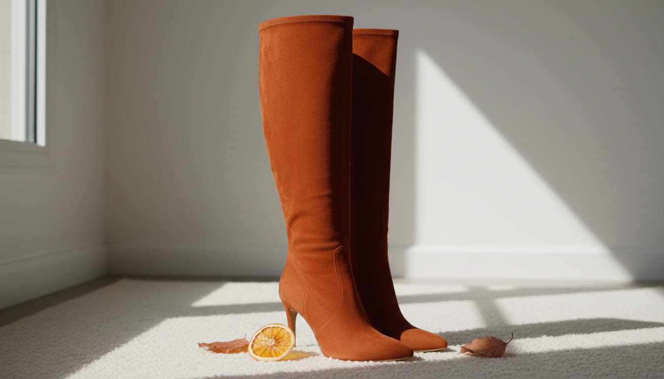 Замшевые сапоги до колена цвета жженого апельсина