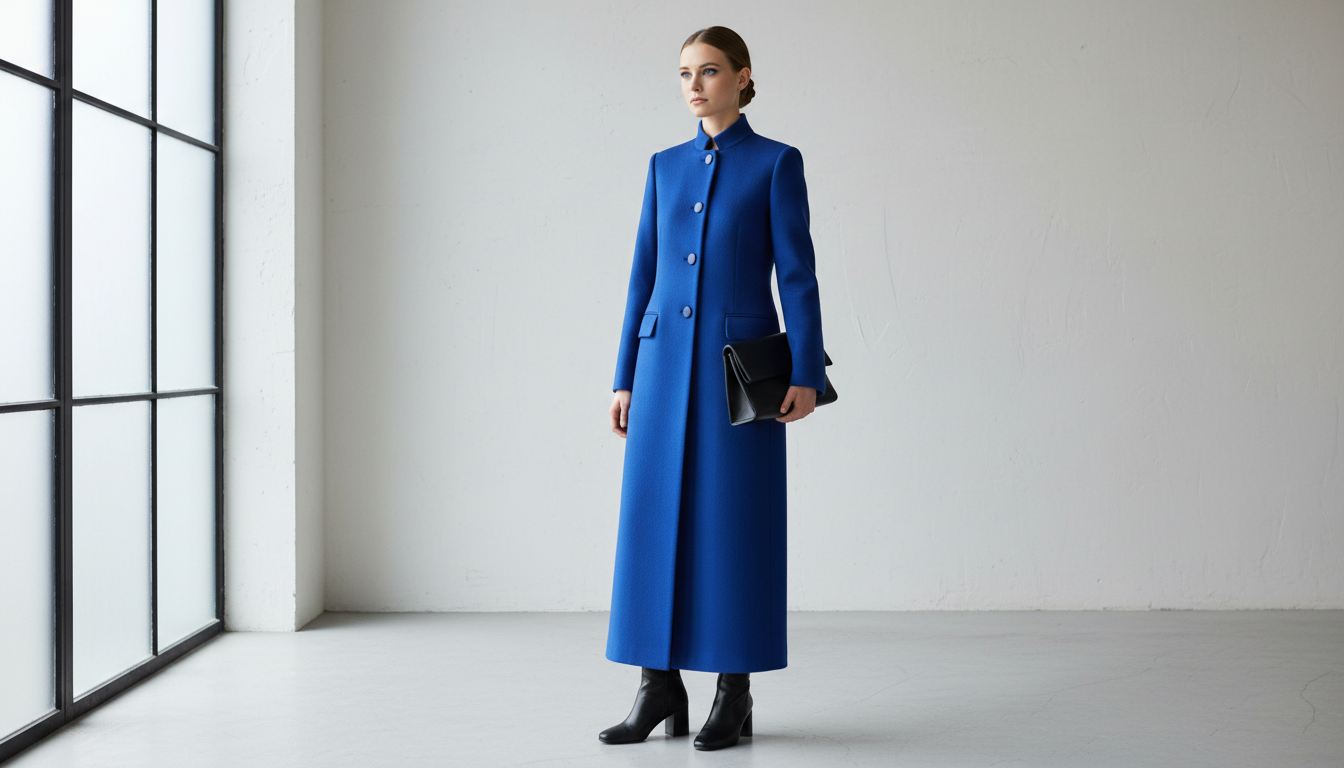 Модель в длинном шерстяном пальто цвета кобальт, застегнутом на все пуговицы.