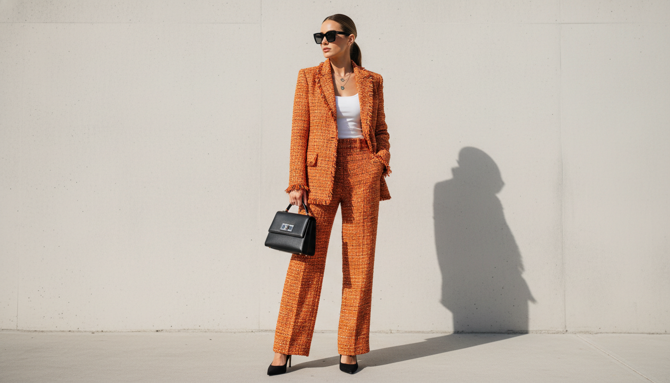 Оранжевый твидовый костюм с черными аксессуарами.