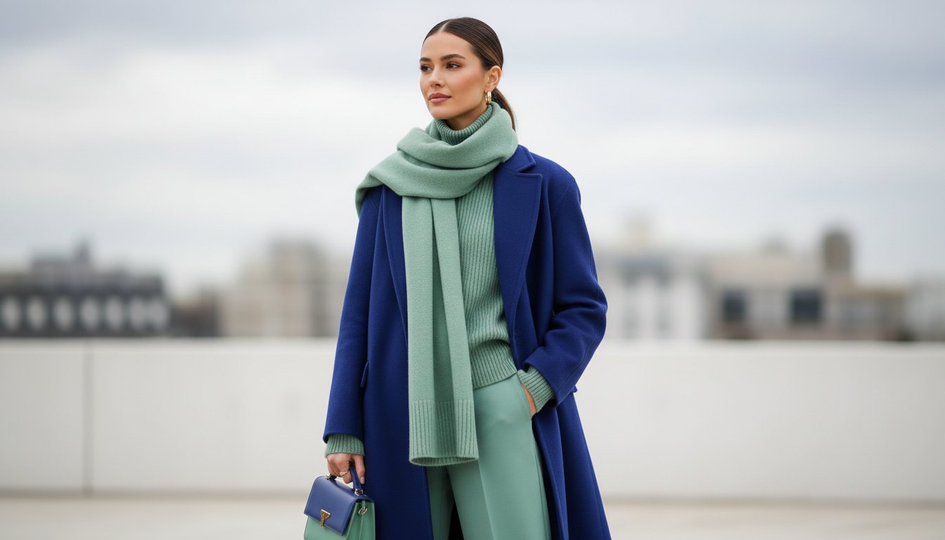 Девушка в ярком зимнем образе, сочетающем кобальт и фисташку.