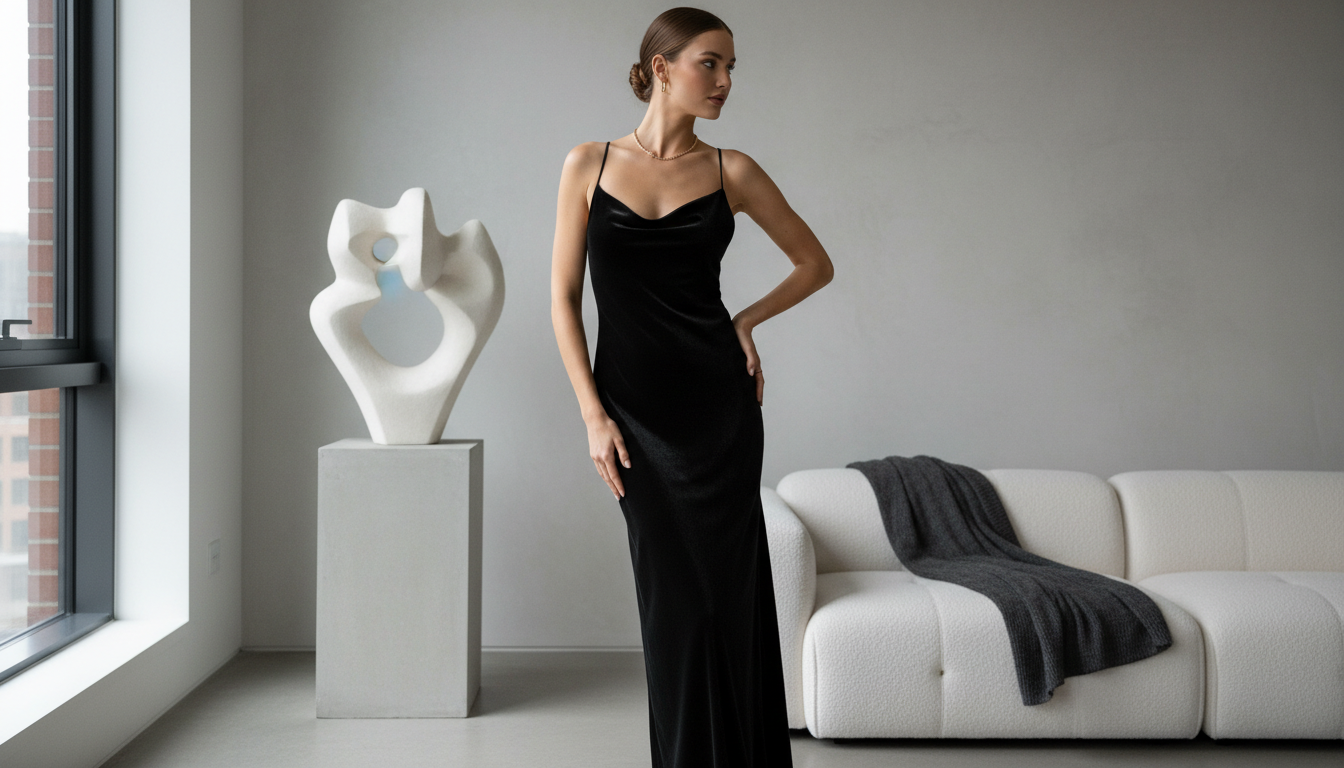 Черное бархатное платье-комбинация на модели