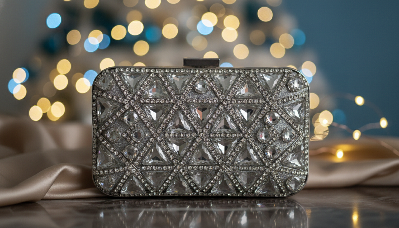 Клатч, украшенный кристаллами, на фоне елочных огней