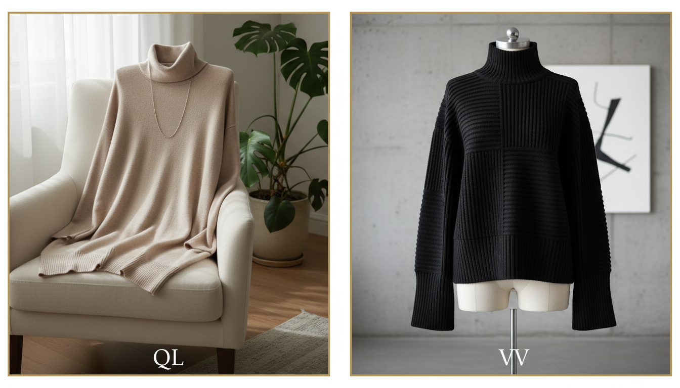 Сравнение минималистичного бежевого свитера QL и структурированного трикотажа VV