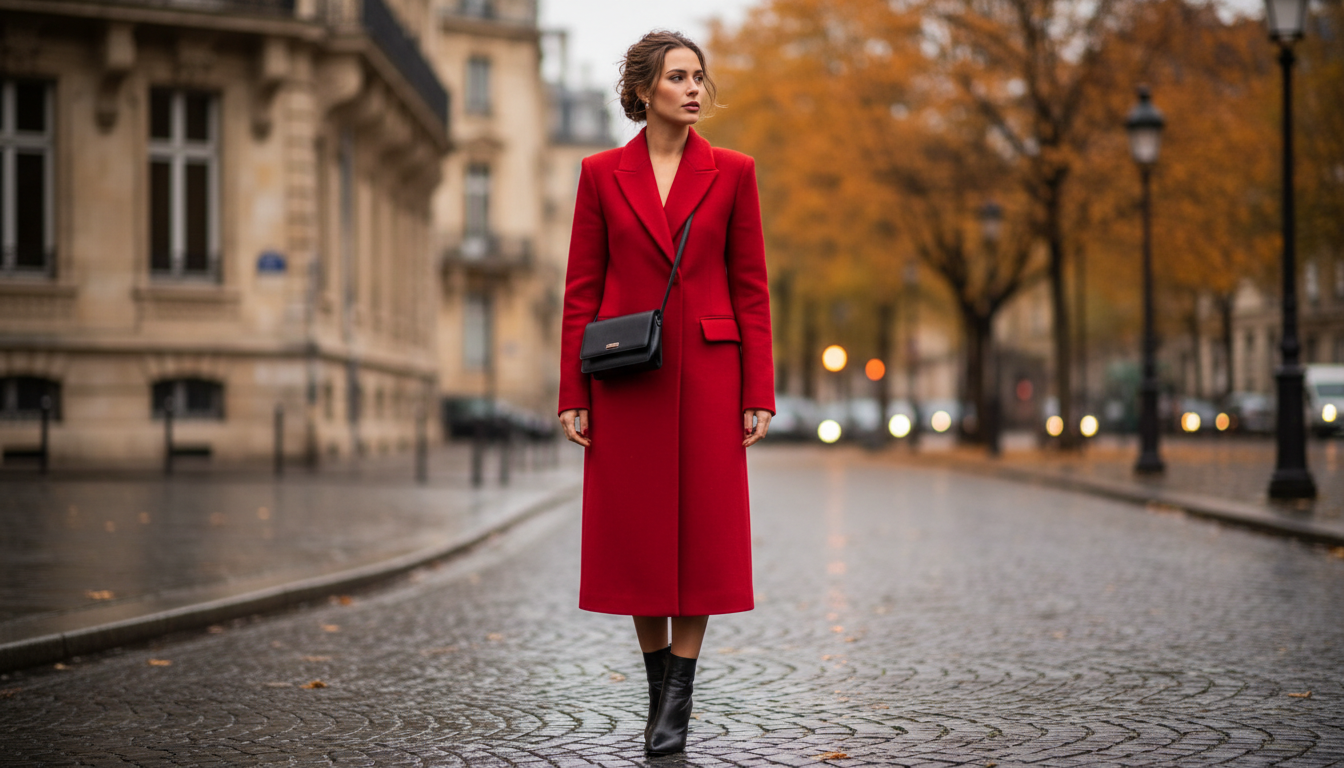 Девушка в ярко-красном структурированном пальто на фоне осеннего города