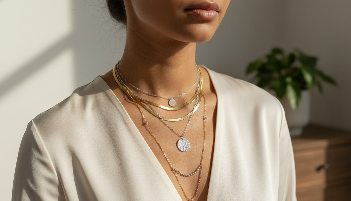 Пример многослойного колье, сочетающего золотые и серебряные цепи разной толщины