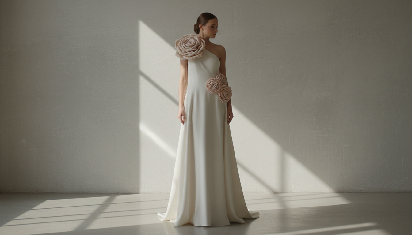 Платье с крупными 3D-аппликациями в виде роз на плече и талии.