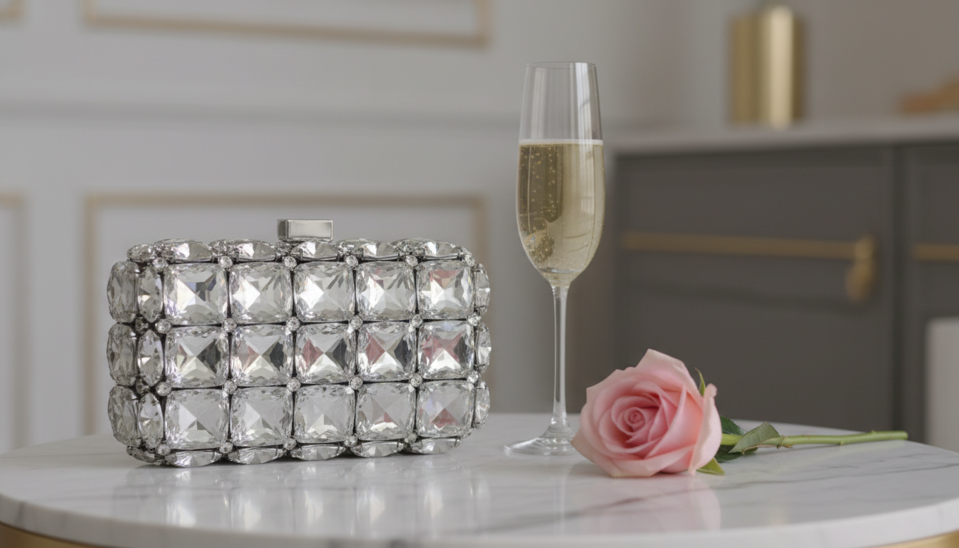 Клатч, полностью расшитый крупными кристаллами, лежащий рядом с бокалом шампанского.