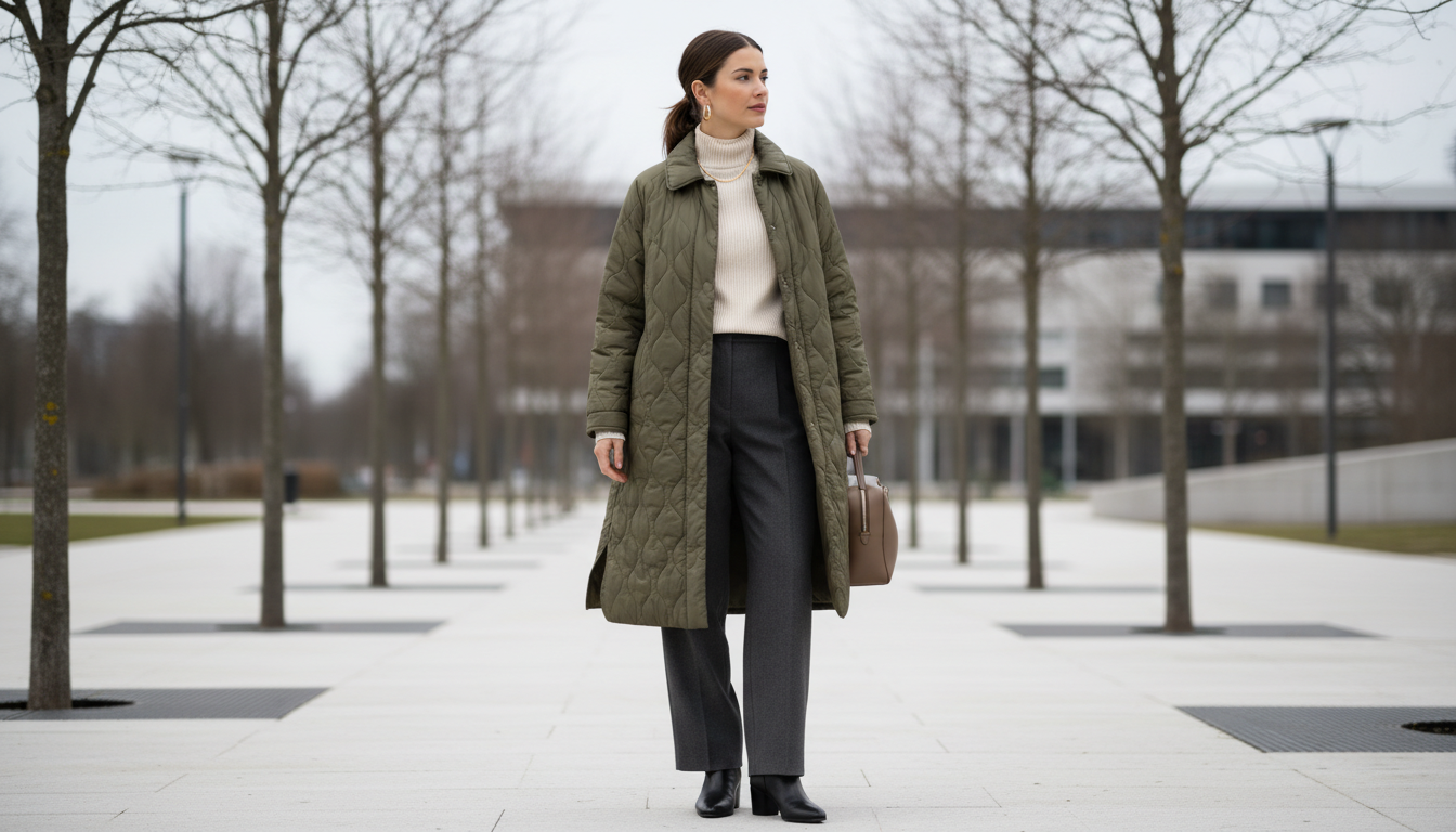 Девушка в удлиненной стеганой куртке оливкового цвета