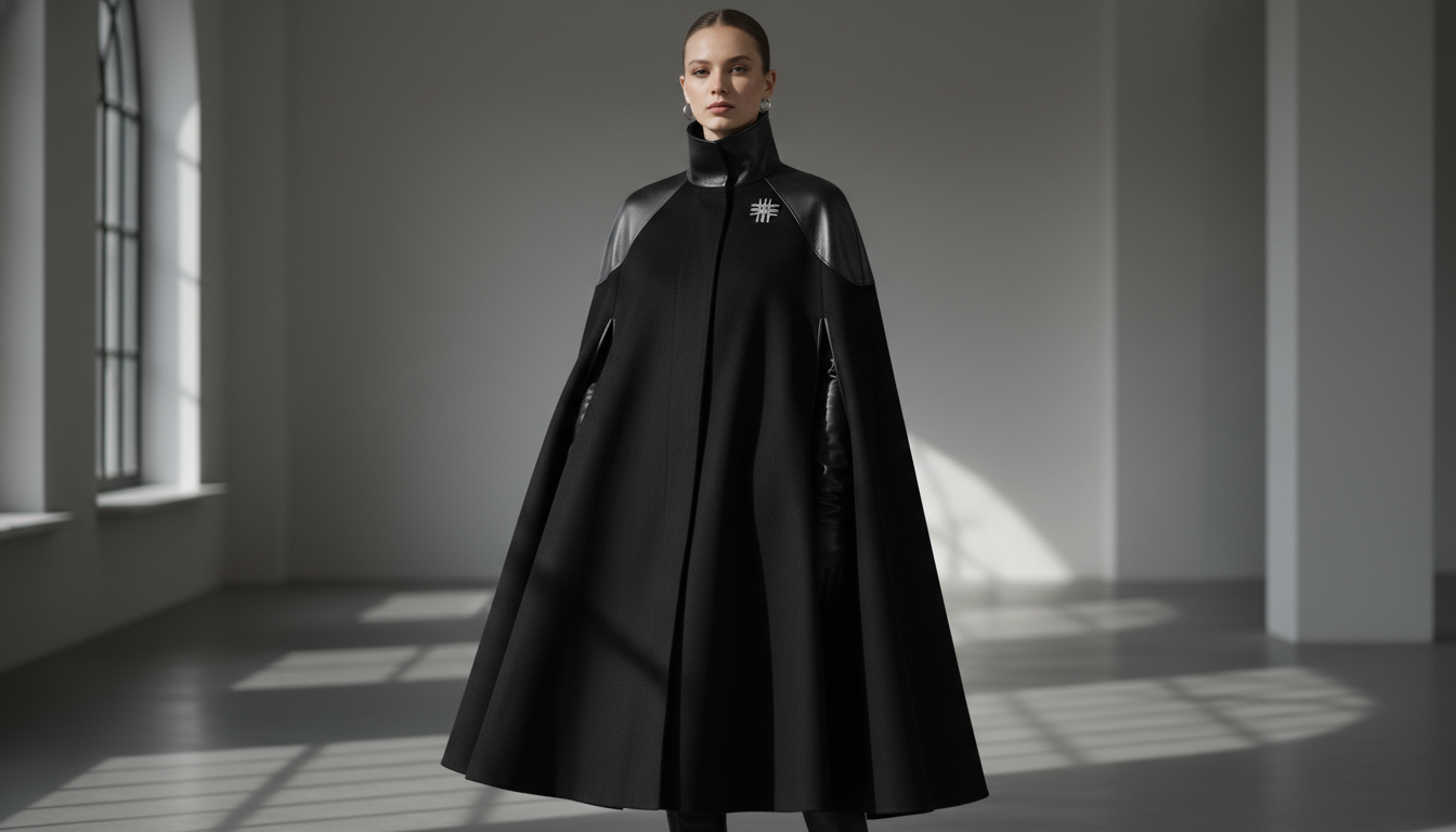 Стильный кейп из черной шерсти с кожаными деталями и высоким воротником