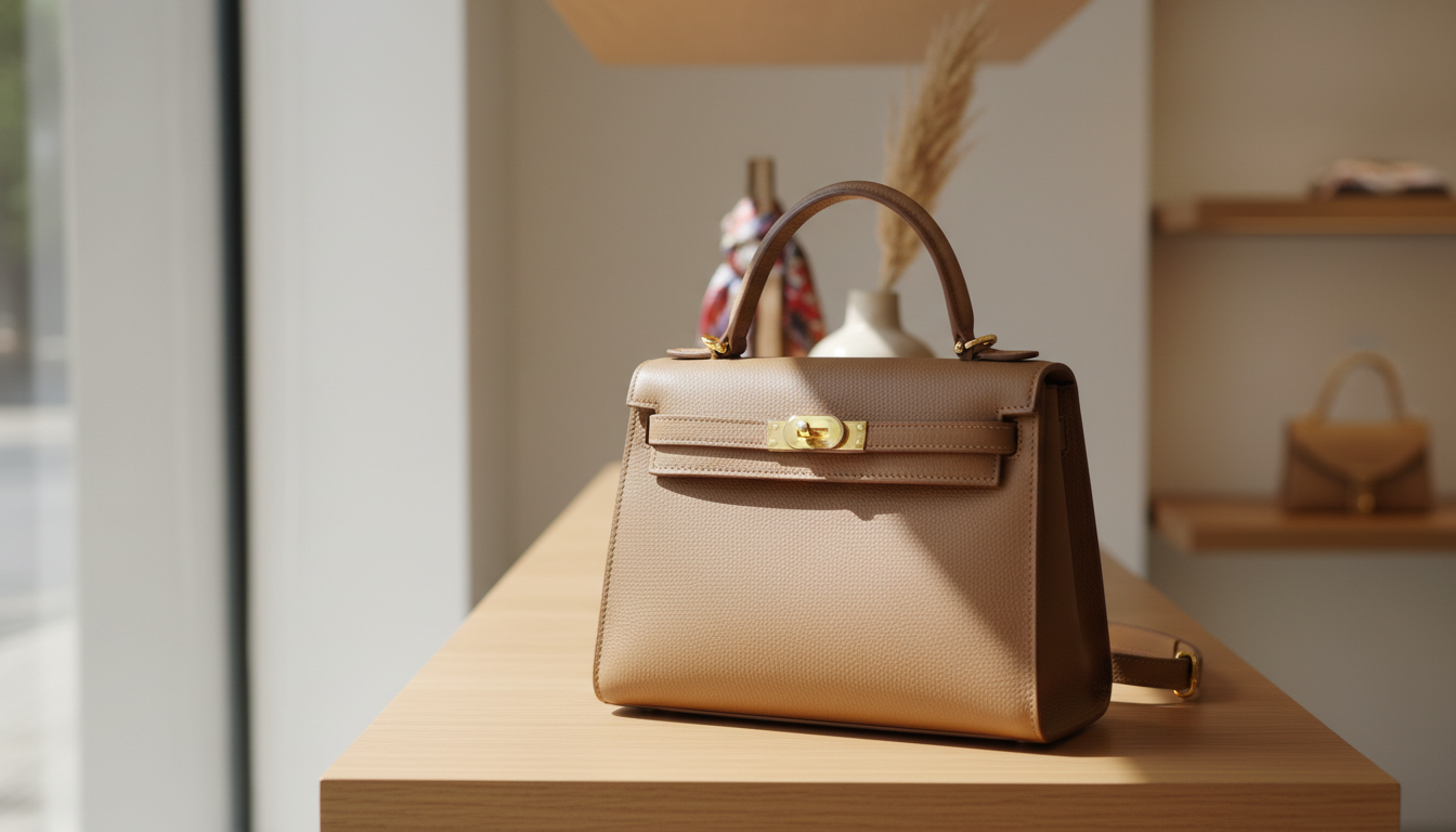 Крупный план классической кожаной сумки нейтрального цвета на полке