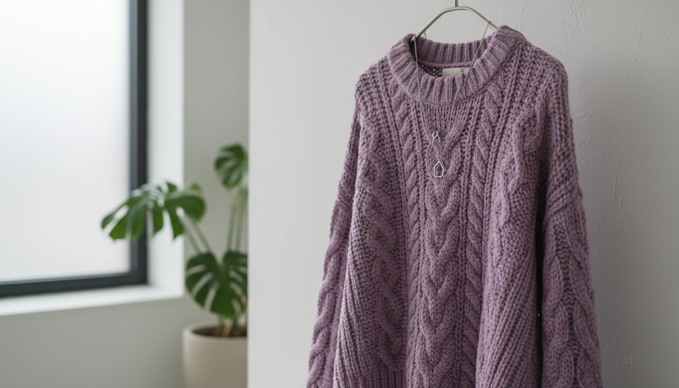 Крупный план вязаного свитера крупной вязки цвета Digital Lavender.